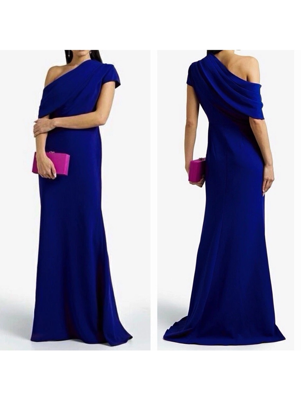 Badgley Mischka Draped One-Shoulder Gown SIZE 4 Cobalt Blue Floor Length Dress
